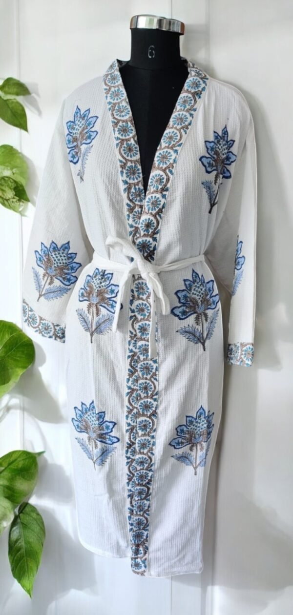 Premium Block- Printed Cotton Bathrobe for Men and Women - White, Blue