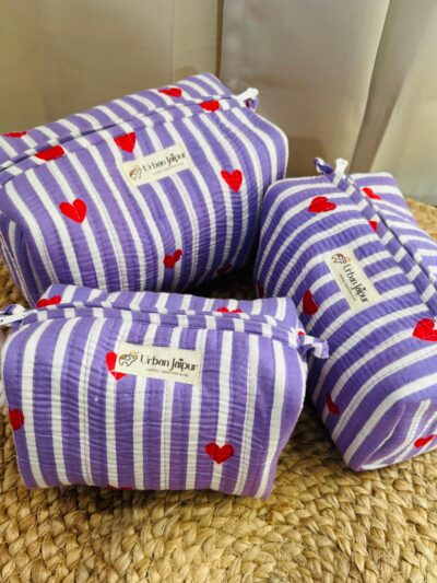 Handblock Printed Set of 3  Multipurpose Pouch (Large, Medium, and Small) - Purple