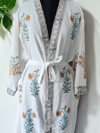 Premium Block- Printed Cotton Bathrobe for Men and Women - Yellow, Blue