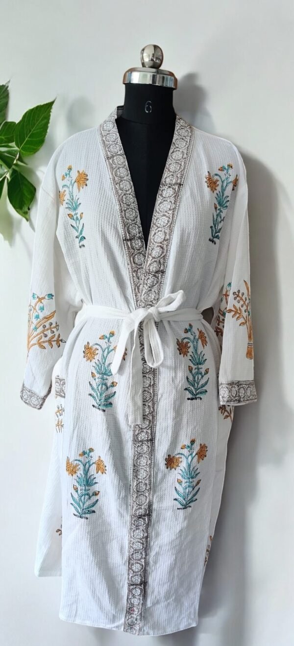 Premium Block- Printed Cotton Bathrobe for Men and Women - Yellow, Blue