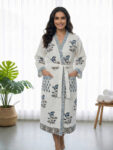 bathrobe-blueee Premium Block- Printed Cotton Bathrobe for Men and Women - White, Blue