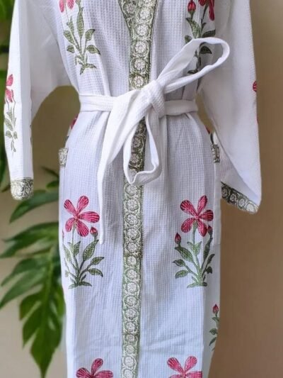 Premium Block-Printed Cotton Bathrobe for Men and Women - Floral Print, Red, Green