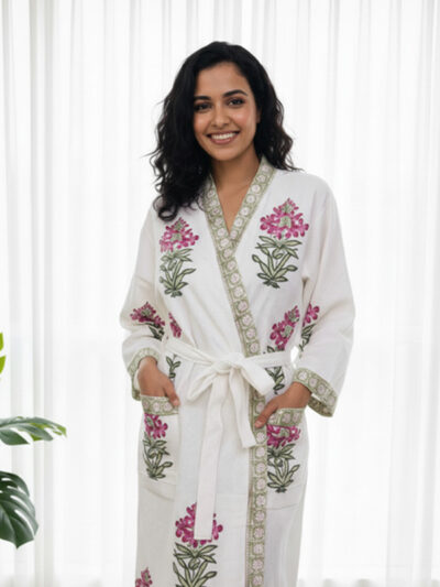 Premium Block-Printed Cotton Bathrobe for Men and Women - Floral Print, Red, Green