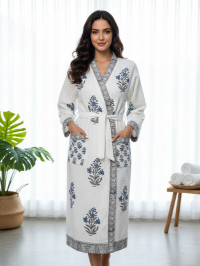 Premium Block-Printed Cotton Bathrobe for Men and Women - Buta Print, Grey, Blue