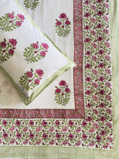 Harmony - Buta and Floral Block Printed 300 TC Percale Cotton King Size Bedsheet