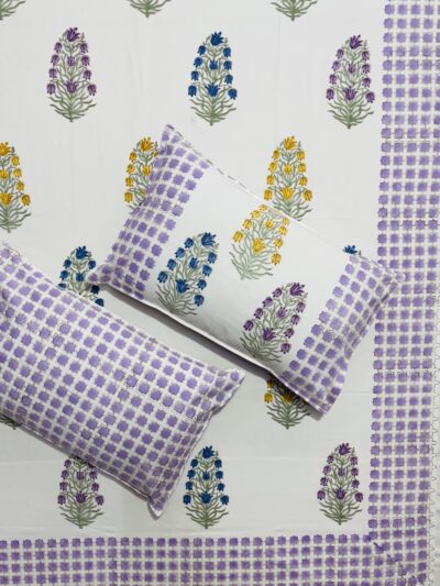 Karigari - Jaipuri White Base Bedsheet with Multicolour Motifs & Purple Patterned Border
