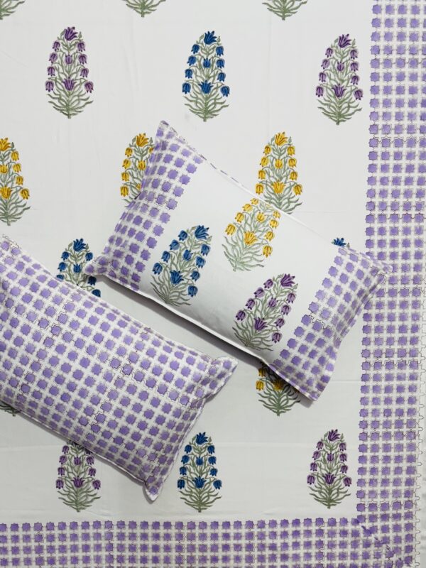 Karigari - Jaipuri White Base Bedsheet with Multicolour Motifs & Purple Patterned Border