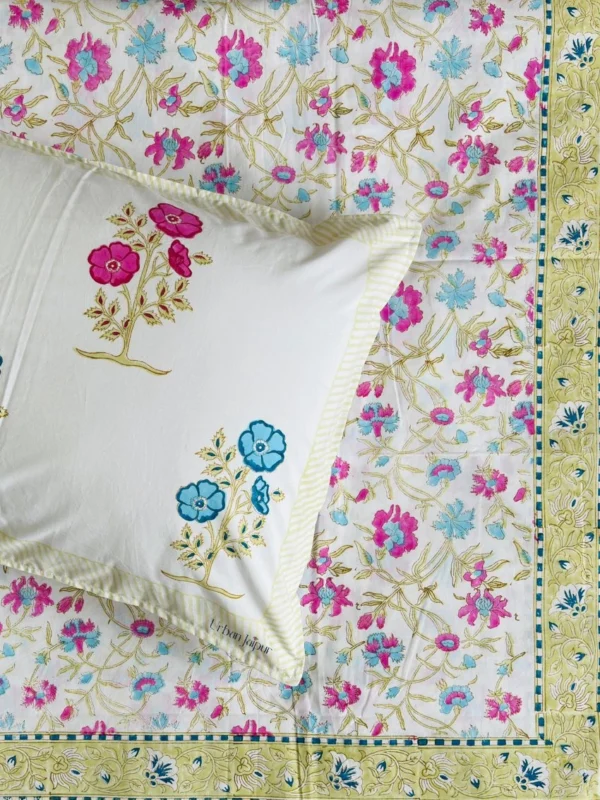 Harmony - Block Printed 300 TC Percale Cotton King Size Bedsheet - Multicolor, Floral Print