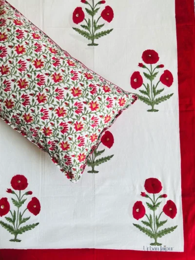 Harmony- Red Poppy Hand Block Printed King-Size Bedsheet