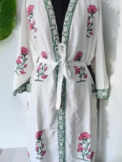 Premium Block-Printed Cotton Bathrobe for Men and Women - Floral Print, Red, Green