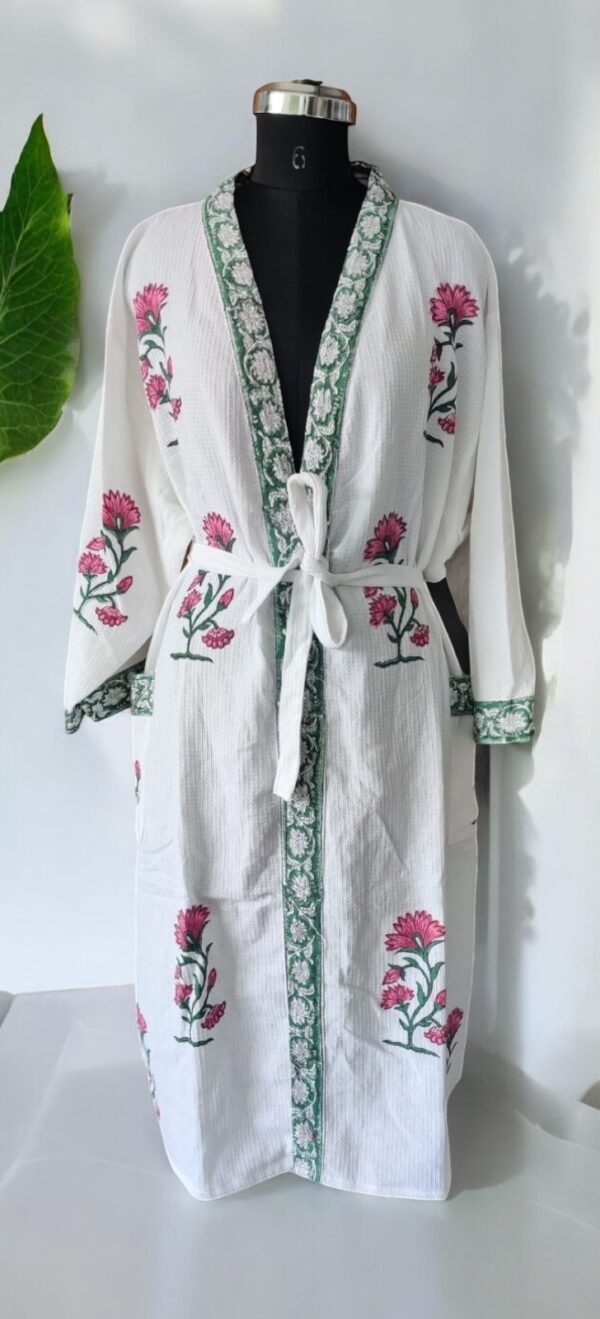 Premium Block-Printed Cotton Bathrobe for Men and Women - Floral Print, Red, Green