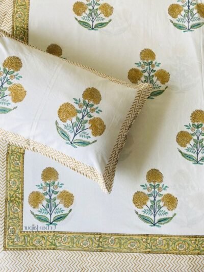 Harmony - Hand Block Printed King Size 300 TC Bedsheet with Yellow Floral Print