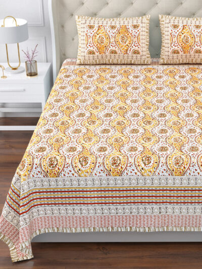 Magnolia - Paisley Teardrop Print Super King Size Bedsheet - 120*120 Inches - Mustard