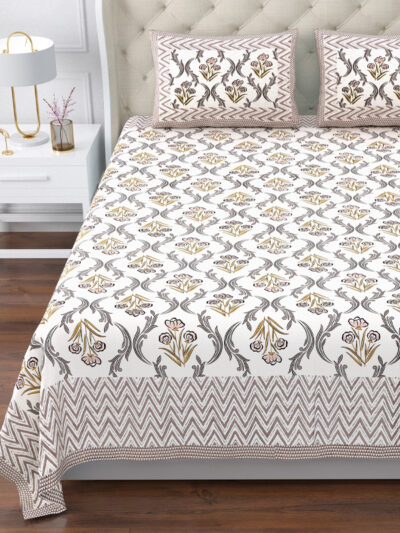 Magnolia - Boota Print Super King Size Bedsheet - 120*120 Inches- Peach, Gray