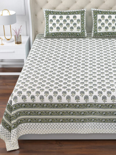 Magnolia - Jaipuri Motifs Pure CottonSuper King Size Bedsheet |120*120 Inches | Green, Gray