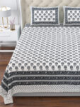 Magnolia - Jaipuri Motifs Pure Cotton Super King Size Bedsheet |120*120 Inches | Blue, Gray