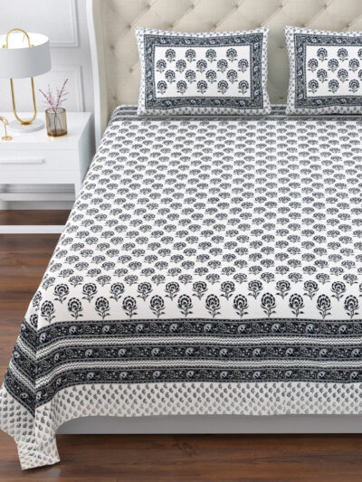 Magnolia - Jaipuri Motifs Pure Cotton Super King Size Bedsheet |120*120 Inches | Blue, Gray