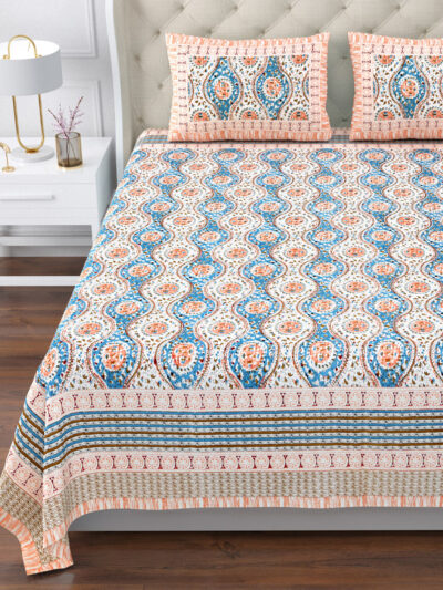 Magnolia - Paisley Teardrop Print Super King Size Bedsheet - 120*120 Inches - Peach, Blue
