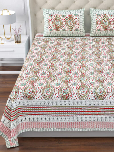 Magnolia - Paisley Teardrop Print Super King Size Bedsheet - 120*120 Inches - Green, White