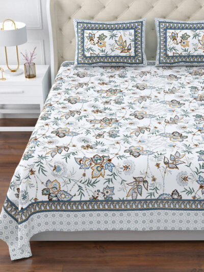 Magnolia - Floral Print Super King Size Bedsheet – 120x120 Inches – Blue & Brown