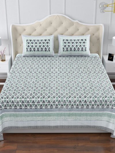 Magnolia - Geometric Print Super King Size Bedsheet - 120*120 Inches - Green