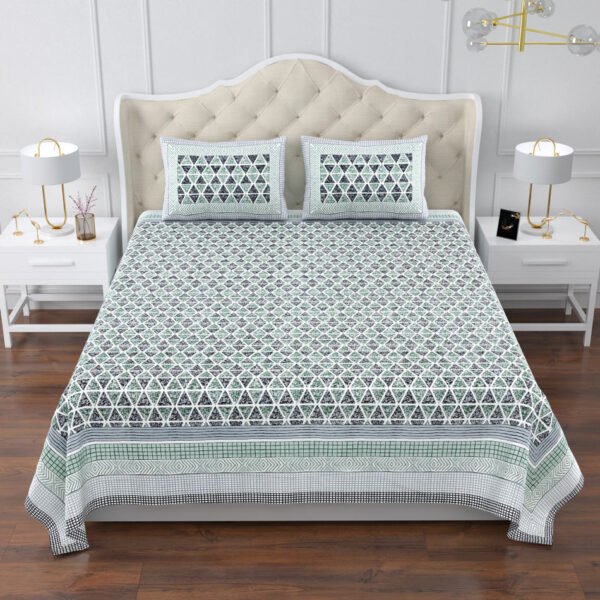 Magnolia - Geometric Print Super King Size Bedsheet - 120*120 Inches - Green