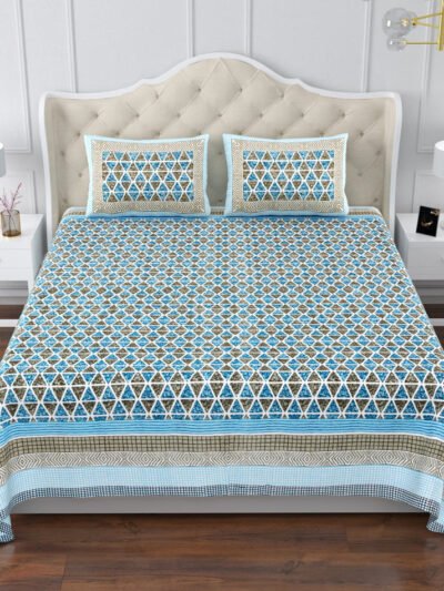 Magnolia - Geometric Print Super King Size Bedsheet - 120*120 Inches - bLUE