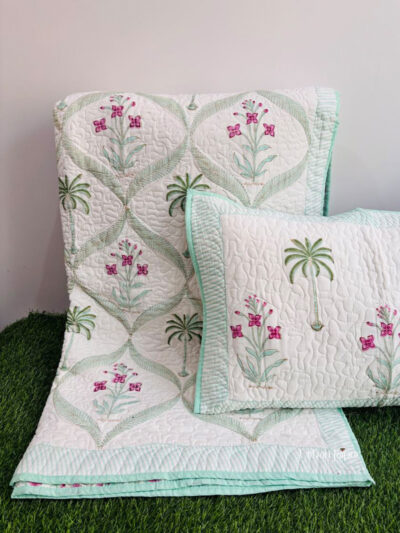 Summer Breeze King Size Hand Block Printed Quilted Bedcover with 2 Pillow Covers