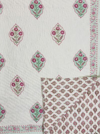 Trivritta – Hand Block Printed Jaipuri Razai on Cream Base (Double Bed)