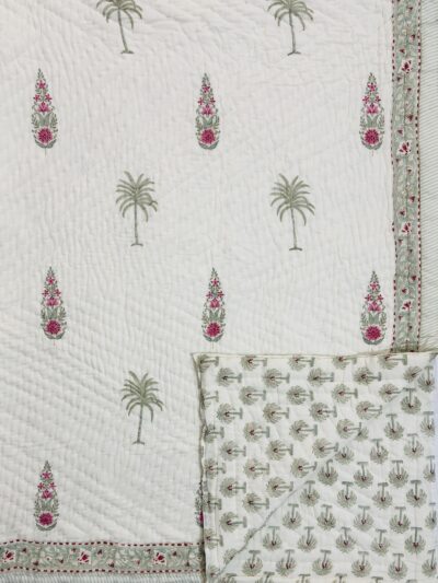 Vrishti – Hand Block Printed Jaipuri Razai in Grey & Red Botanical (Cream Base)