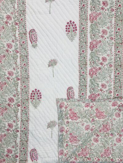 Tasya – Hand Block Printed Jaipuri Razai in Red & Grey Leaf Motif (Double Bed)