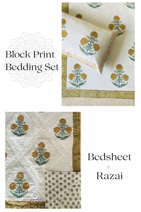 Block Print Bedding Set Of 4 Pcs - Block Print Quilt + King Size Bedsheet (Floral Print)