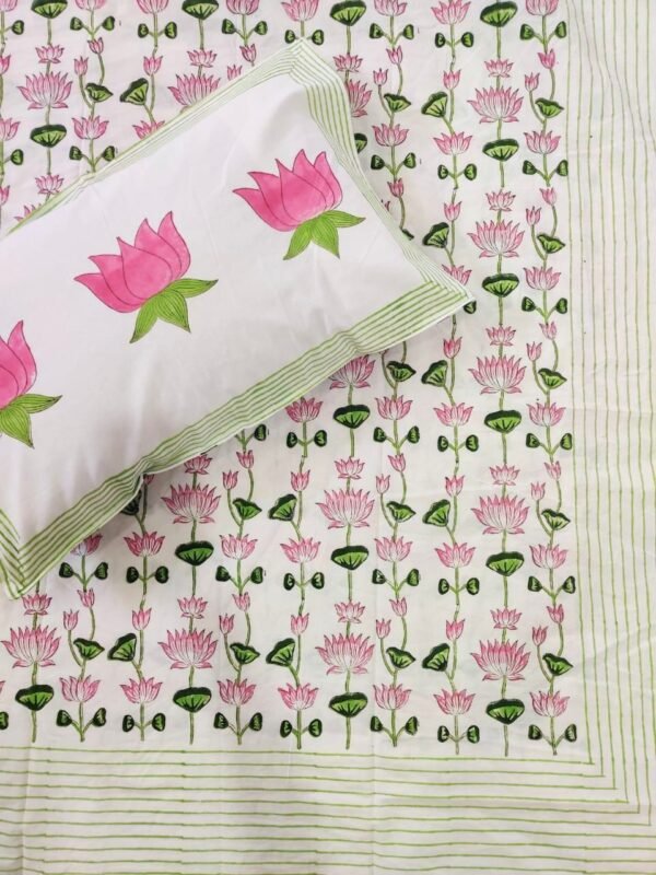 Harmony- 300 TC Block Printed Cotton Bedsheet For King Size Bed - Lotus Print