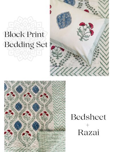 Block Print Bedding Set Of 4 Pcs - Block Print Quilt + King Size Bedsheet (Jaal Print)