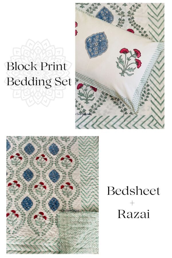 Block Print Bedding Set Of 4 Pcs - Block Print Quilt + King Size Bedsheet (Jaal Print)