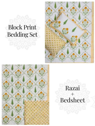 Block Print Bedding Set Of 4 Pcs - Block Print Quilt + King Size Bedsheet (Floral Print)