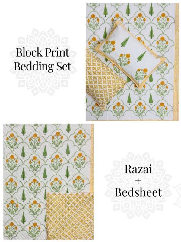 Block Print Bedding Set Of 4 Pcs - Block Print Quilt + King Size Bedsheet (Floral Print)