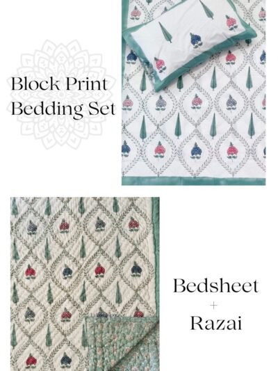 Block Print Bedding Set Of 4 Pcs - Block Print Quilt + King Size Bedsheet (Mughal Print)