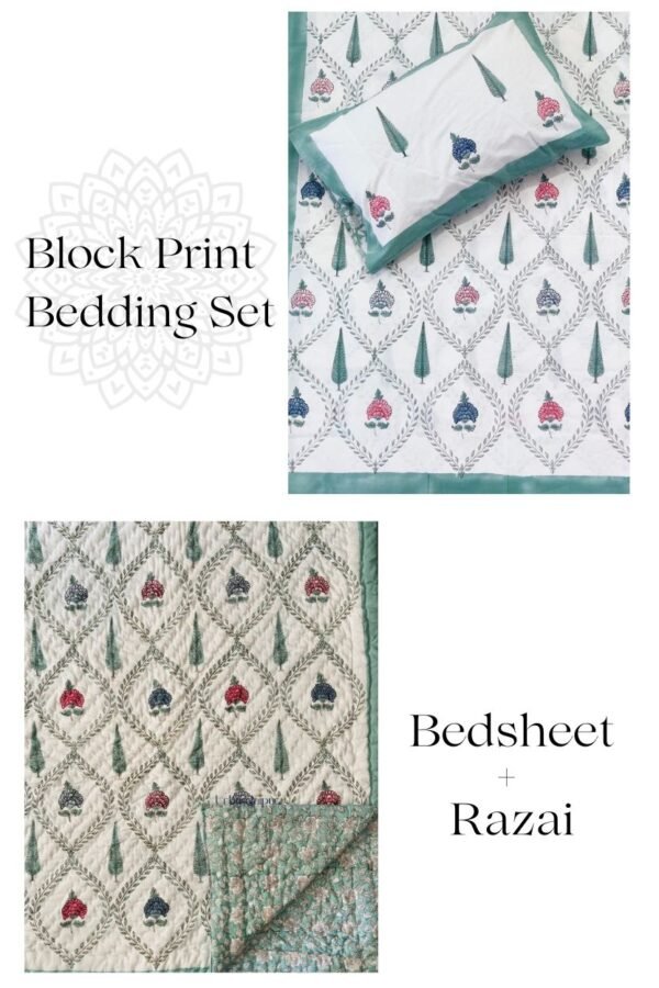 Block Print Bedding Set Of 4 Pcs - Block Print Quilt + King Size Bedsheet (Mughal Print)