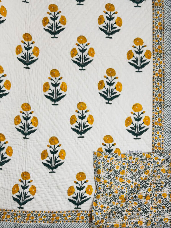 Hand Block Printed Jaipuri Razai for Double Bed - Off-White Base | Marigold Flower Print