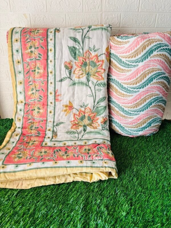 Original Mulmul Cotton Jaipuri Razai for Double Bed | Floral Print, Orange