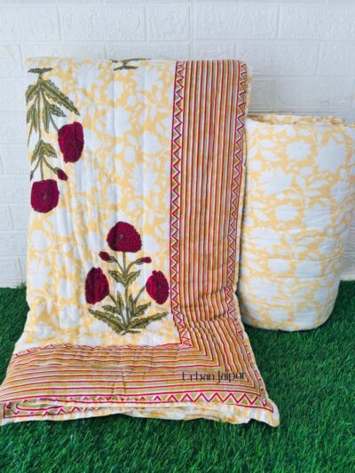 Floral Print Jaipuri Razai for Single Bed – Yellow | Reversible