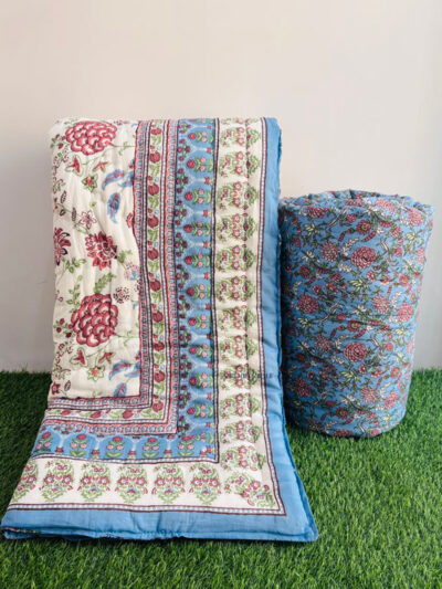 Floral Print Jaipuri Razai for Single Bed – Blue | Reversible
