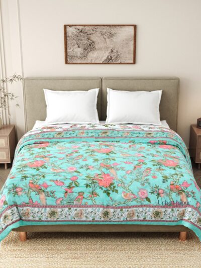 Bird Print - Jaipuri 100gm Mulmul Cotton Razai for Double Bed, Blue