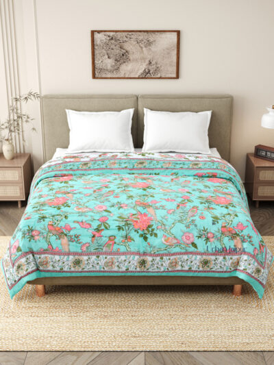 Bird Print - Jaipuri 100gm Mulmul Cotton Razai for Double Bed, Blue