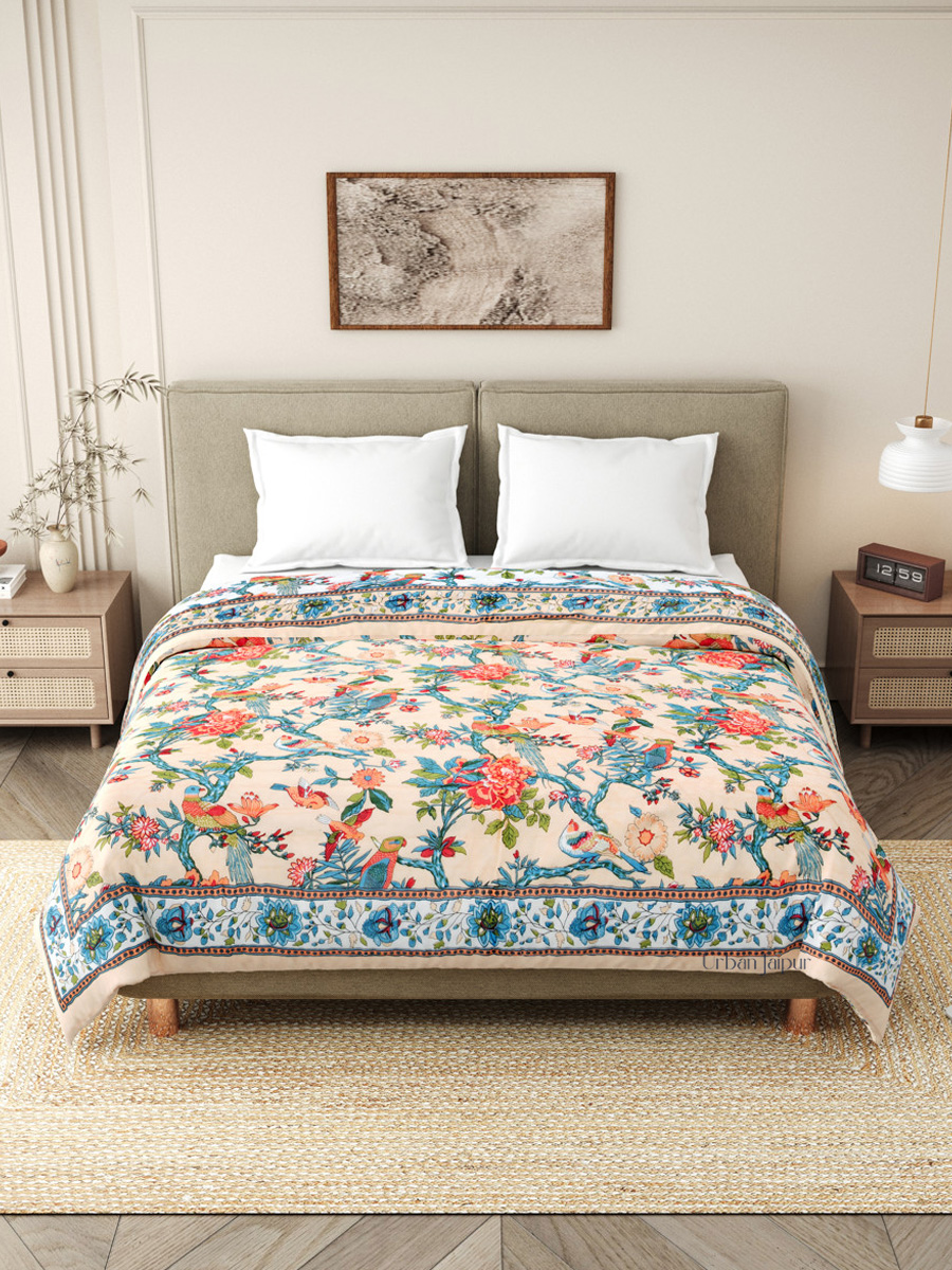 Beige Floral Reversible Rajai Quilt, Traditional Razai Bedspread Coverlet Rajai, Winter Warm Razai Art, Soft And Comfortable outlet Rajai Quilt