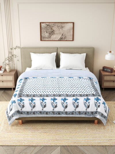 Jaipuri 100gm Mulmul Cotton Double Bed Razai- White, Blue