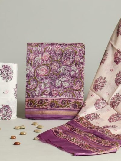 Lavender Bloom Chanderi Silk Dress Material with Floral Embroidery