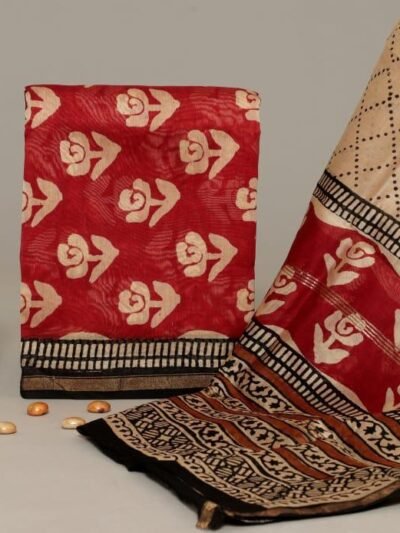 Red and Cream Traditional Chanderi Silk Dress Material with Tribal Motifs