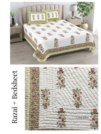 Razai Set - Set Of 4 Pcs - Buta Print Razai Bedding Set (Bedsheet & Quilt Set)